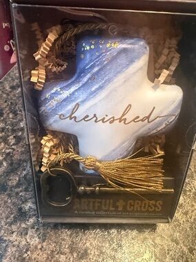 Demdaco Blue and White Cherished Cross Ornament with Gold Tassel
